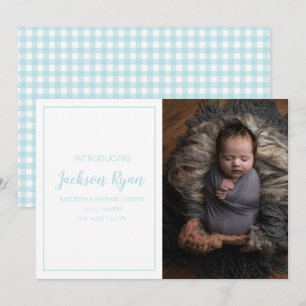 Light Blue Gingham Check Mönster Photo Birth Meddelande