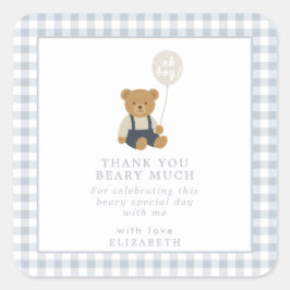 Light Blue Gingham Nalle Baby Shower Fyrkantigt Klistermärke
