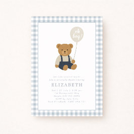 Light Blue Gingham Nalle Baby Shower Inbjudningar