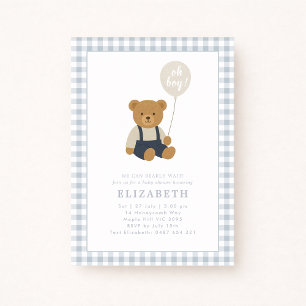 Light Blue Gingham Nalle Baby Shower Inbjudningar