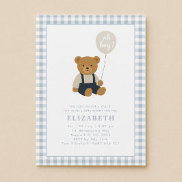 Light Blue Gingham Nalle Baby Shower Inbjudningar