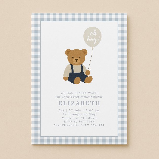 Light Blue Gingham Nalle Baby Shower Inbjudningar (Skapare uppladdad)