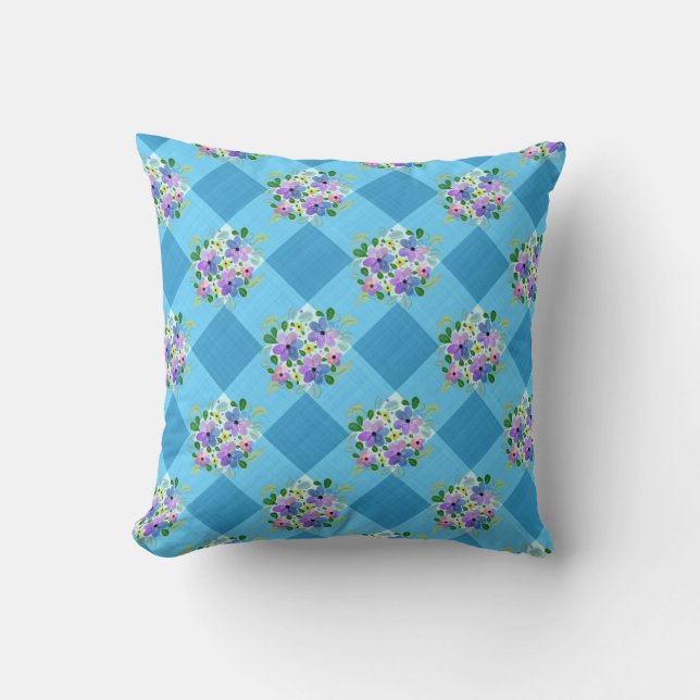 Light Blue Gingham och Lila Blommigt Land Kudde (Framsida)