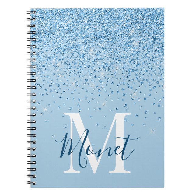 Light Blue Girly Glitter Glam Monogram Namn Anteckningsbok (Framsidan)