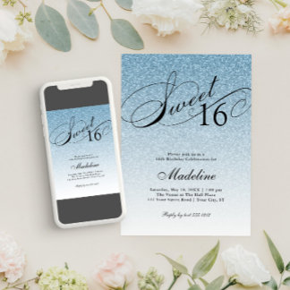 Light Blue Glam Glitter Sweet 16 Inbjudningar