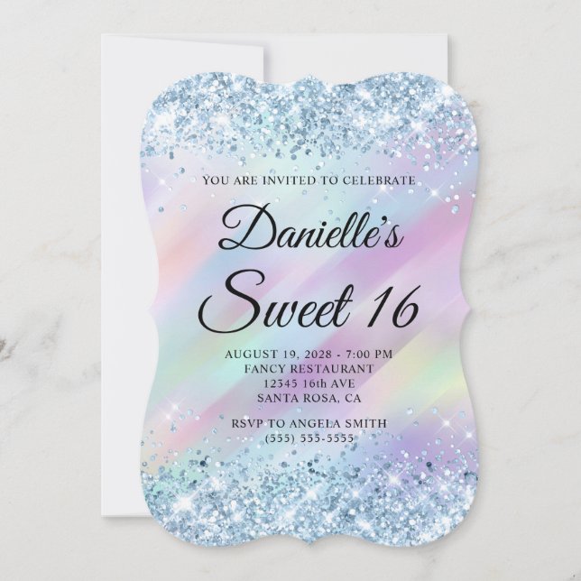 Light Blue Glitter Aqua Lila Holograph Sweet 16 Inbjudningar (Framsida)