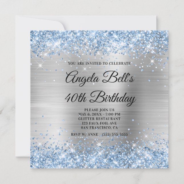 Light Blue Glitter Silver Shimmer Foil Monogram Inbjudningar (Framsida)