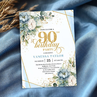 Light blue gold luxe border greenery 90th birthday inbjudningar