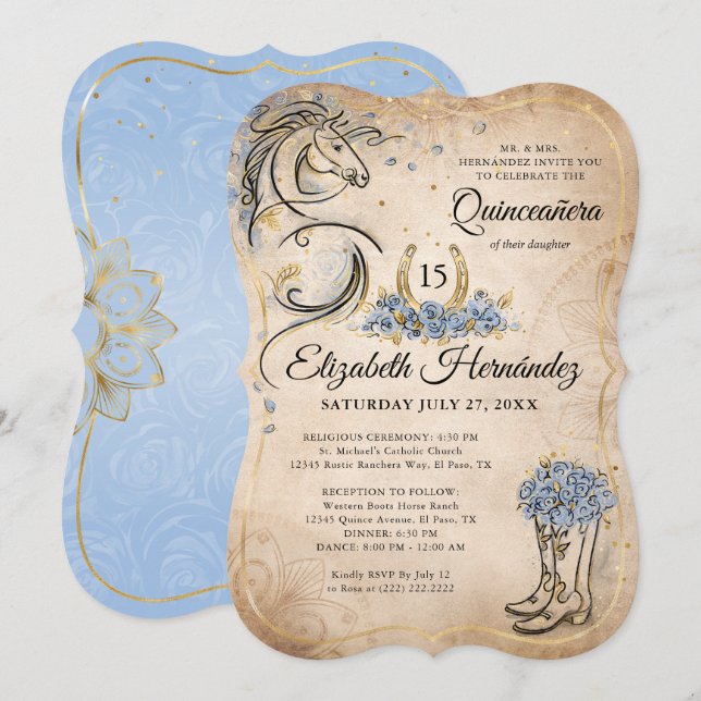 Light Blue Gold Quinceanera Rustic Horse Birthday Inbjudningar (Fram/baksida)