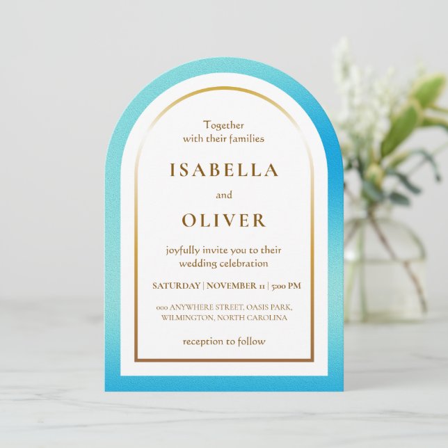 Light blue golden frame gradient wedding inbjudningar (Stående Fram)