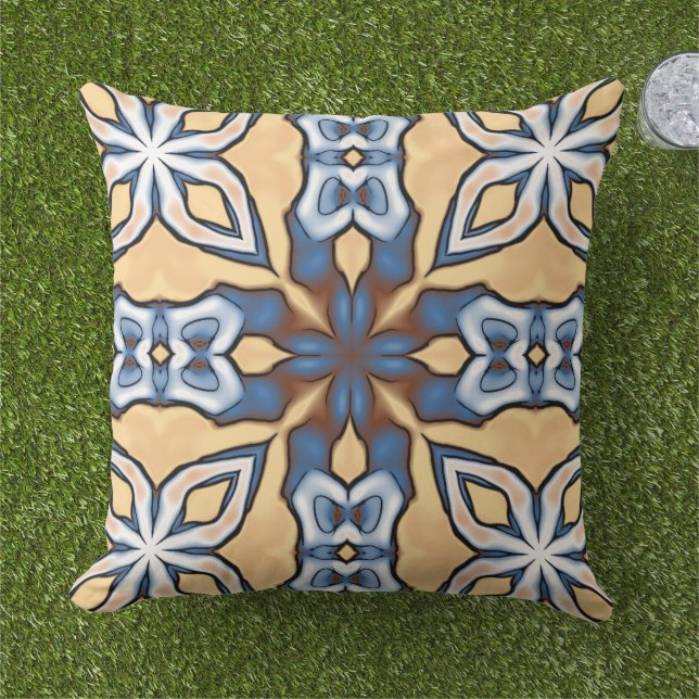 Light Blue Grått Cream Gult Tan Brown Tribal Art Kudde (Gräs)
