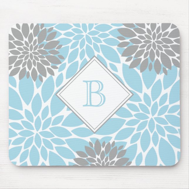 Light Blue Grått Modern Blooms Initial Monogram Musmatta (Framsidan)