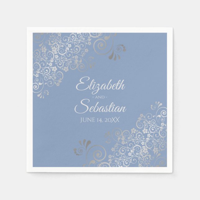 Light Blue Grått & Silver Frills Elegant bröllop Pappersservett (Framsidan)