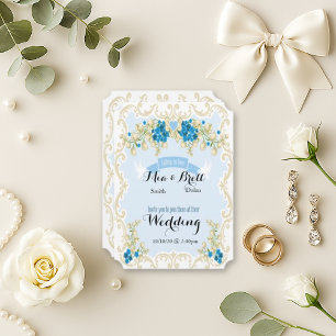 Light Blue Guld Blommigt Dove Bröllop Inbjudningar