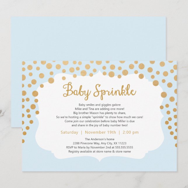 Light Blue guld boy baby sprinkle inbjudan, baby # Inbjudningar (Fram/baksida)