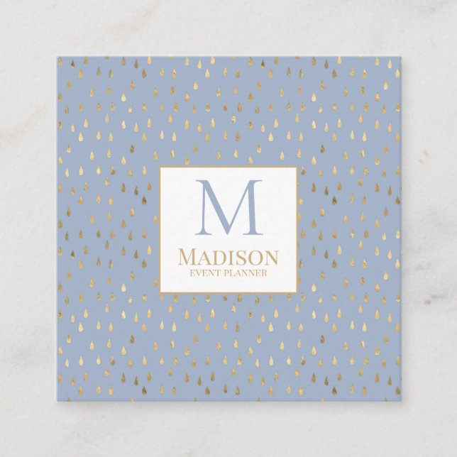 Light Blue Guld RainDrop Modern Trendig Monogram Fyrkantigt Visitkort (Framsida)