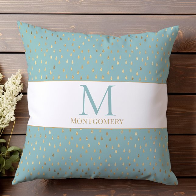 Light Blue Guld RainDrop Modern Trendig Monogram Kudde (Skapare uppladdad)