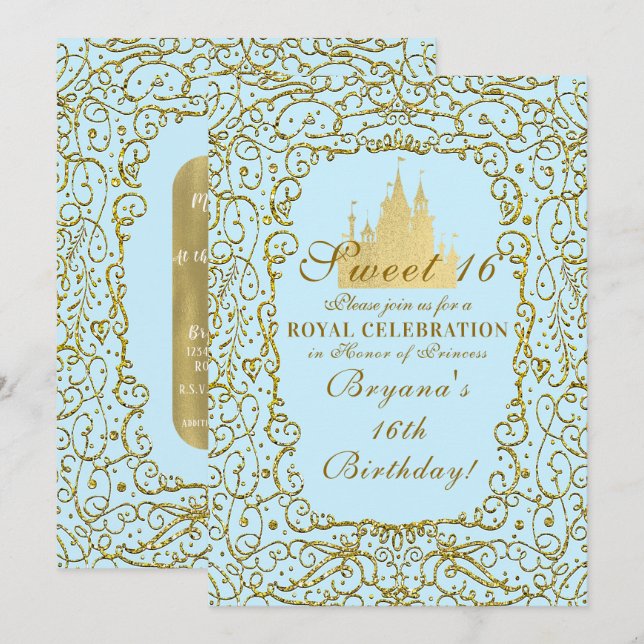 Light Blue & Guld Royal Castle Princess Sweet 16 Inbjudningar (Fram/baksida)