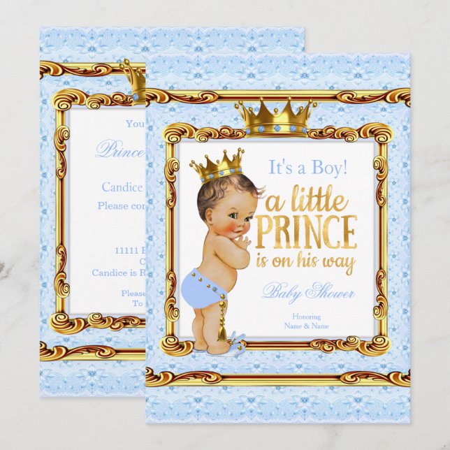 Light Blue Guld White Prince Baby Shower Brunette Inbjudningar (Fram/baksida)