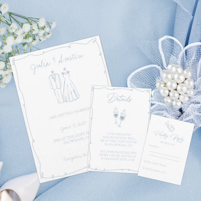 Light Blue Hand plockade Bride and Groom Bröllop Inbjudningar (Skapare uppladdad)