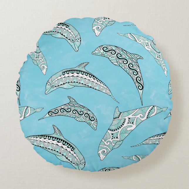 Light Blue Hawaiian Tribal Dolphins Rund Kudde (Framsidan)