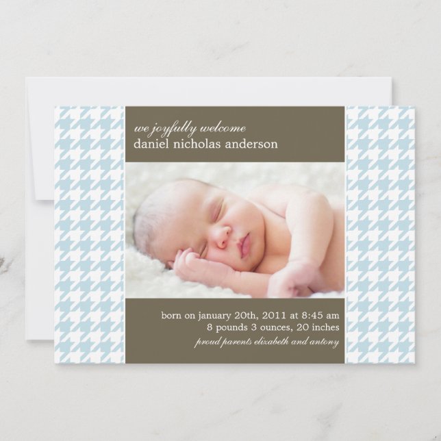 Light Blue Houndstooth Mönster Baby Birth Meddelande (Framsida)