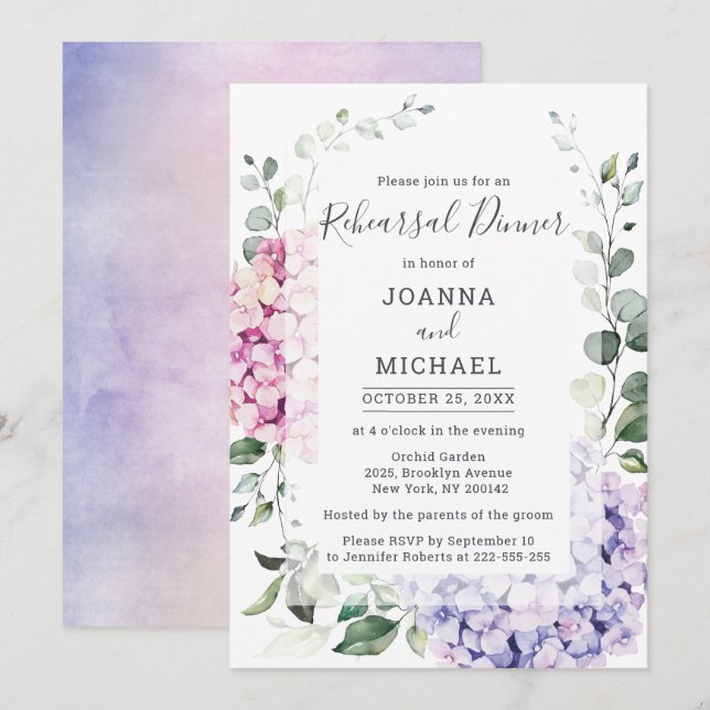 Light Blue Hydrangea & Eucalyptus Rehearsal Middag Inbjudningar (Fram/baksida)