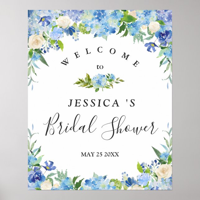 Light Blue Hydrangea Floral Bridal Shower  Sign Poster (Framsidan)