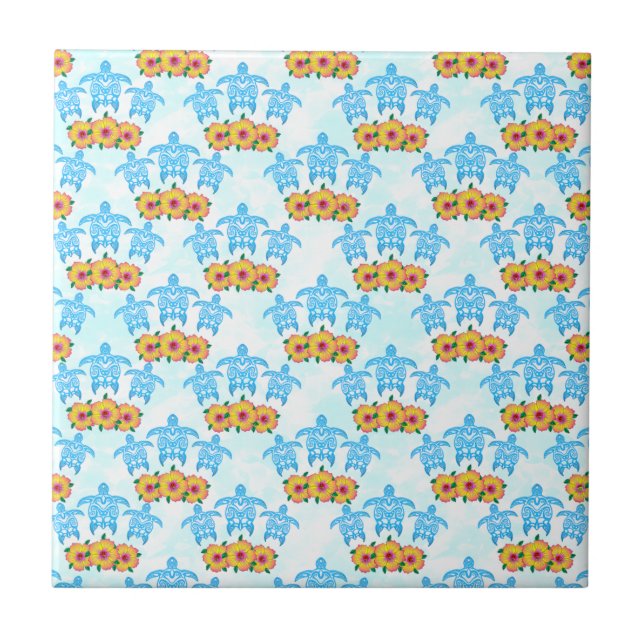 Light Blue Island Tribal Grönt Sea Turtles Kakelplatta (Framsidan)