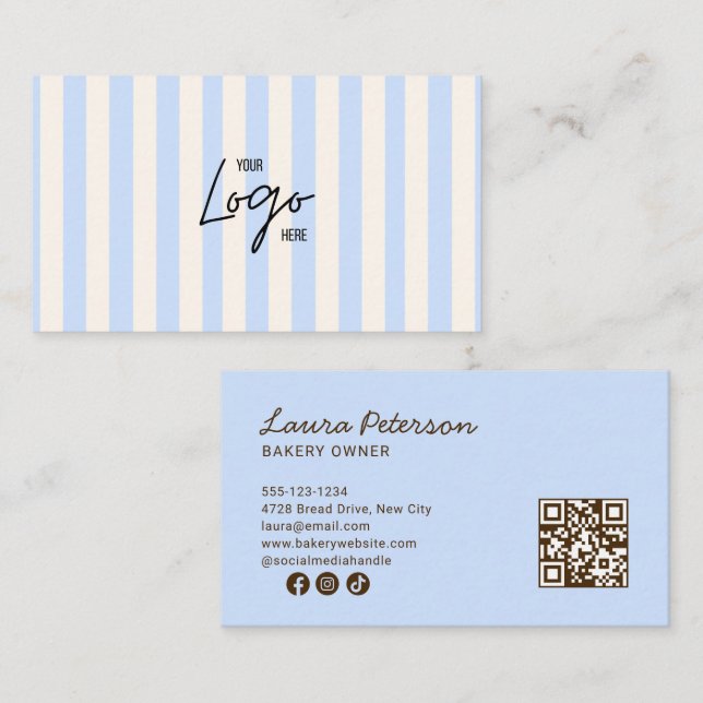 Light Blue & Ivory Stripes Bakery Logo QR Code Visitkort (Fram/baksida)