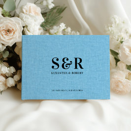 Light Blue Linen Bröllop Monogram Gästböcker
