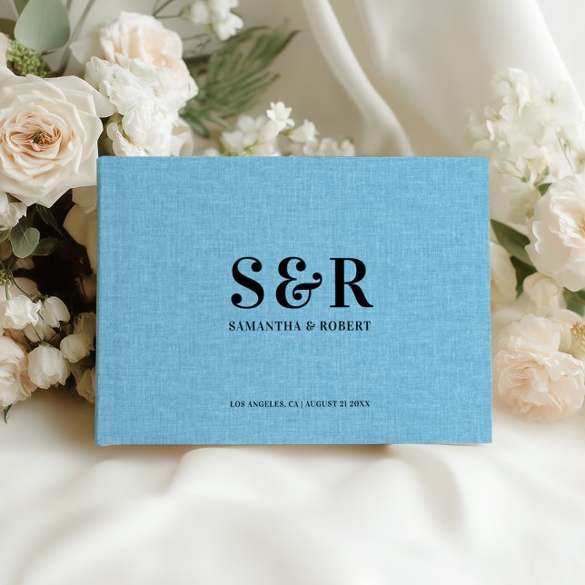 Light Blue Linen Bröllop Monogram Gästböcker (Skapare uppladdad)