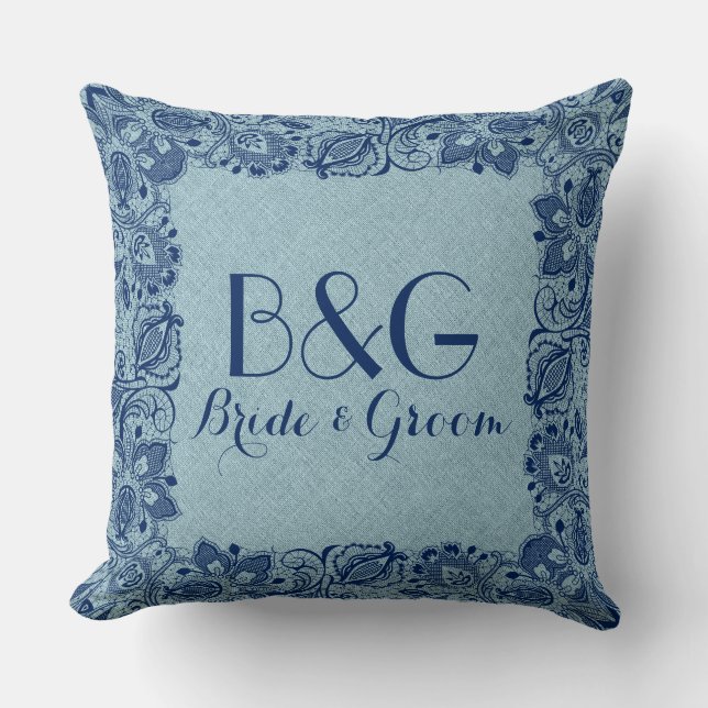 Light Blue Linen & Navy Navy Snöre Ram Kudde (Framsida)