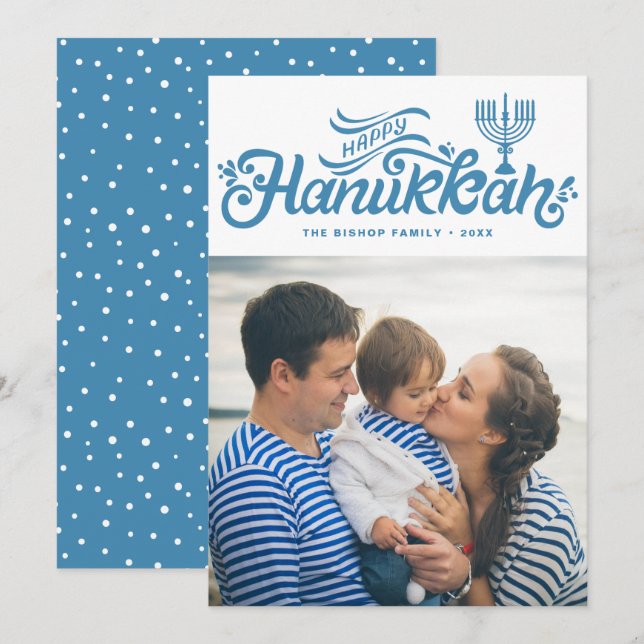 Light Blue Lycklig Hanukkah Hand Lettered Photo Julkort (Fram/baksida)