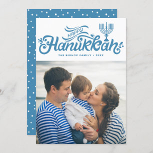 Light Blue Lycklig Hanukkah Hand Lettered Photo Julkort
