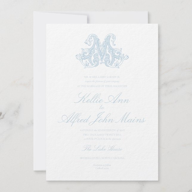 Light Blue "M" Monogram Wedding Invitation Inbjudningar (Framsida)