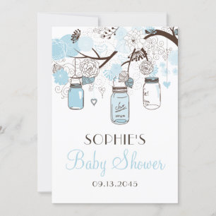 Light Blue Mason Burk och Flowers Baby Shower Inbjudningar