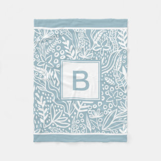 Light Blue Modern Botanical Mönster Monogram Fleecefilt