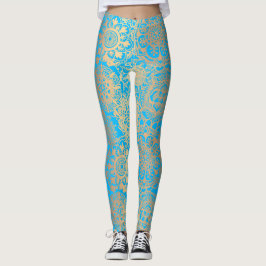 Light Blue och Guld Boho Mandala Mönster Yoga Leggings