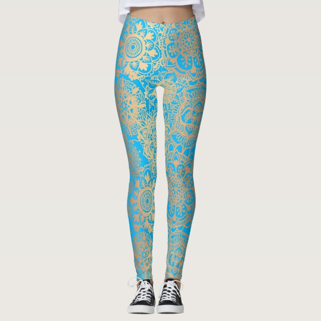 Light Blue och Guld Boho Mandala Mönster Yoga Leggings (Framsida)