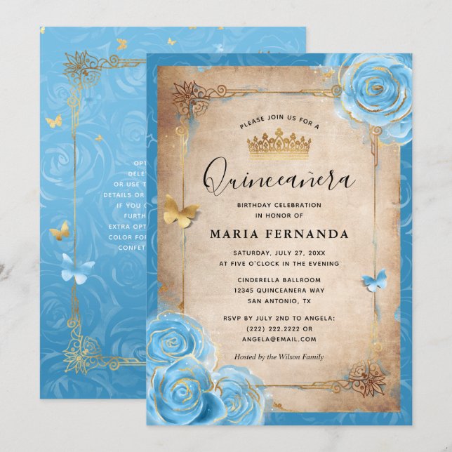 Light Blue och Guld Ro Elegant Quinceanera Inbjudningar (Fram/baksida)