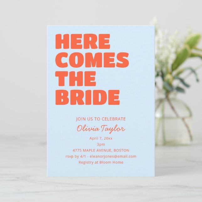 Light Blue Orange Bold Typography Bridal Shower Inbjudningar (Stående Fram)