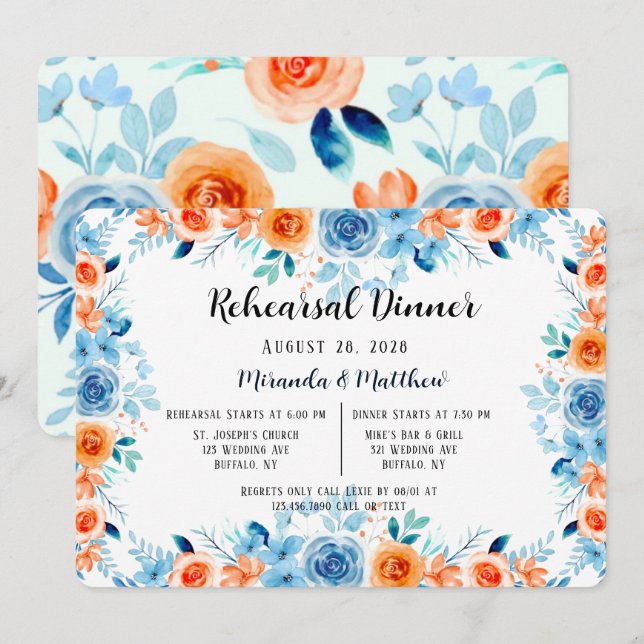 Light Blue Orange Paint Peony Rehearsal Dinner Inbjudningar (Fram/baksida)