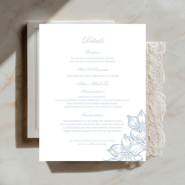 Light Blue Outline Floral Wedding Details Card Tilläggskort (Skapare uppladdad)