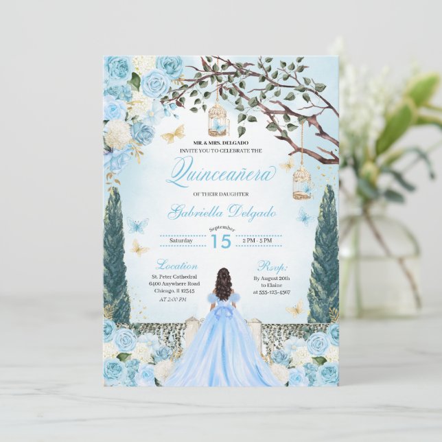 Light Blue Princess Enchanted Garden Quinceanera Inbjudningar (Stående Fram)