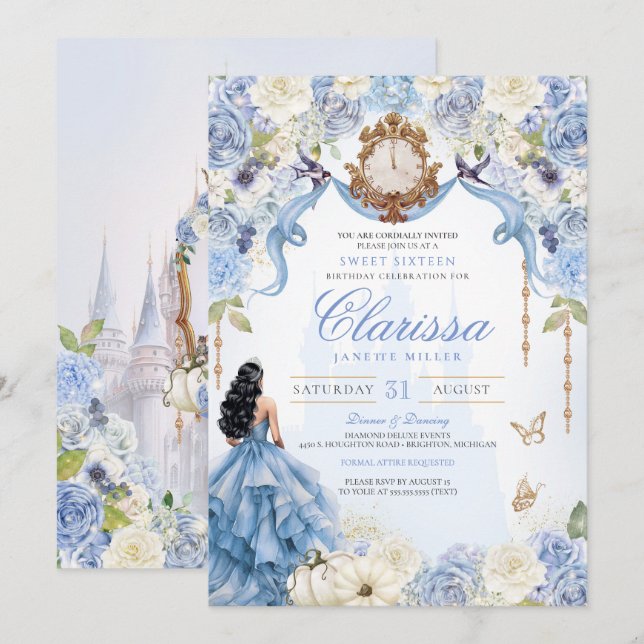 Light Blue Princess Sweet 16 Cinderella V2 Inbjudningar (Fram/baksida)