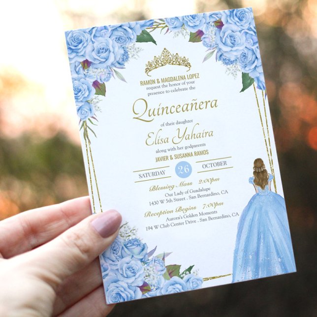 Light Blue Quinceanera Elegant Dress Ro Blommigt Inbjudningar (Skapare uppladdad)