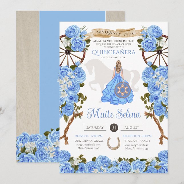 Light Blue Quinceanera Elegant Ro Western Charra Inbjudningar (Fram/baksida)