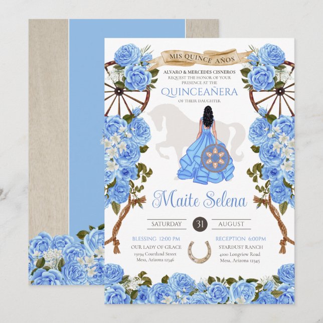 Light Blue Quinceanera Elegant Ro Western Charra Inbjudningar (Fram/baksida)