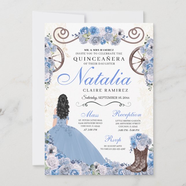 Light Blue Ranchero Princess Dress Quinceanera Inbjudningar (Framsida)